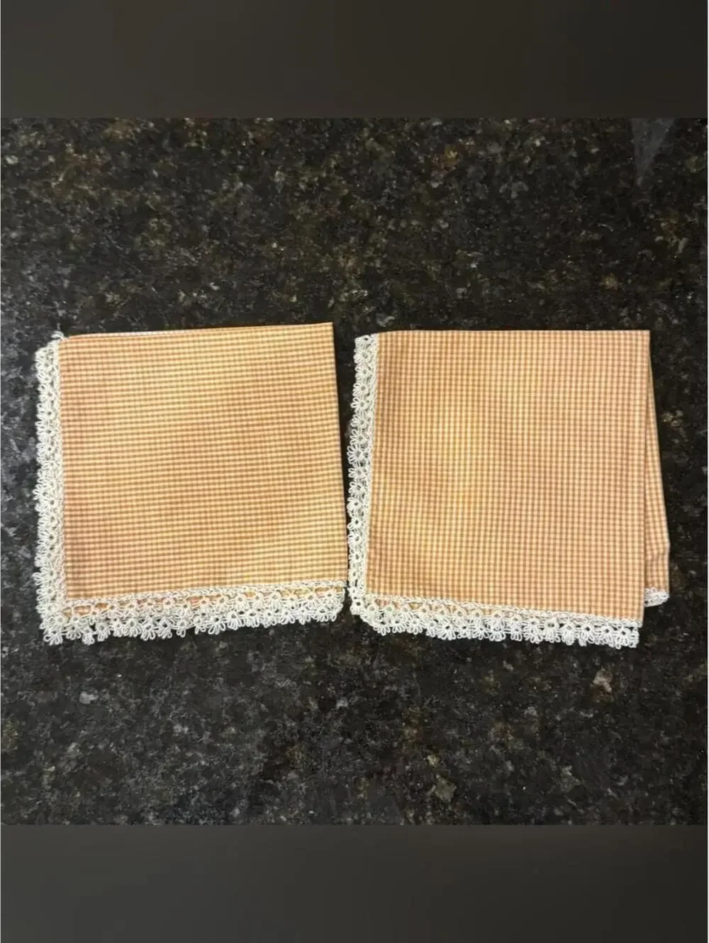 Vintage Orange Gingham Cloth Napkins with Hand-Embroidered Blue Daisy